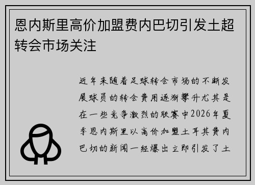 恩内斯里高价加盟费内巴切引发土超转会市场关注 恩内斯里高价加盟费内巴切引发土超转会市场关注